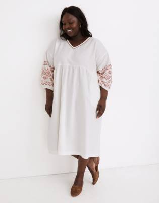 Plus Embroidered-Sleeve Popover Midi Dress